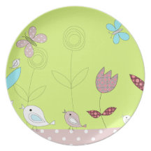 Little birds and flowers on green, plate