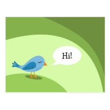 Little blue bird with speech bubble on green post card