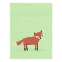 little fox cute woodland creature on green post card