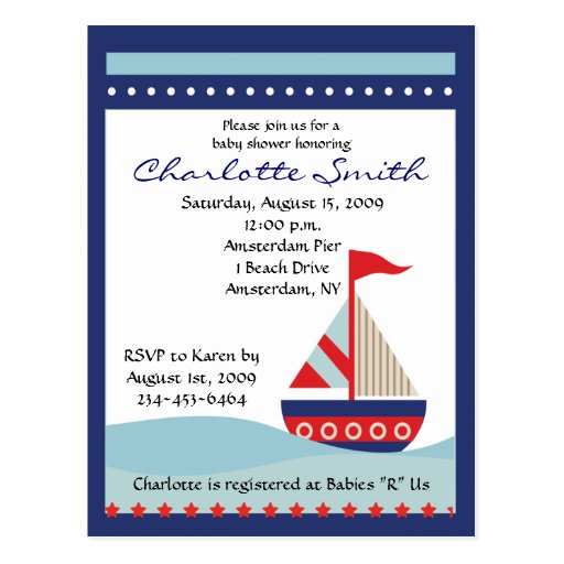 Little Navy Blue Sail Boat Baby Shower Invitation Post Cards