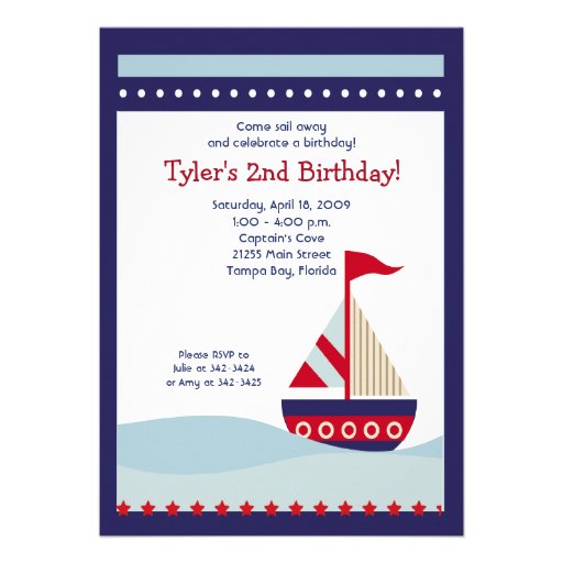 Little Sailboat Navy Boat Nautical Birthday 5x7 Custom Invite