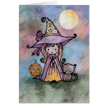Little Witch and Cat Halloween Card