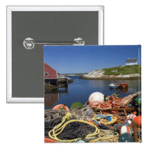Lobster pots, buoys, and ropes on the dock at pinback button