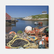 Lobster pots, buoys, and ropes on the dock at magnets