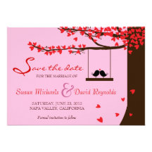 Love Birds Falling Hearts Oak Tree Save the Date Custom Invites