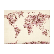 Love Hearts Map of the World Map Stretched Canvas Print