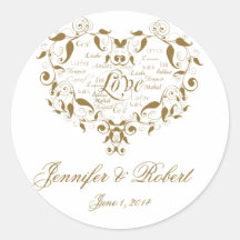 Love in any Language in Gold Envelope Seal Round Stickers