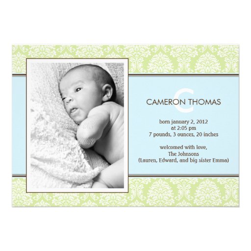 Lovely Damask Baby Boy Birth Announcement