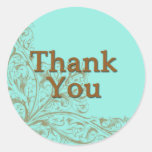 Lovely Turquoise and Chocolate Brown Thank You Round Stickers