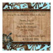 Luau Party Invitation Hibiscus Blue Brown