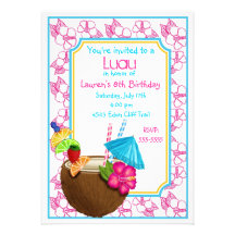 Luau Tropical coconut Drink Birthday Invitations