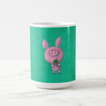 Lucky pig with lucky four leaf clover coffee mugs