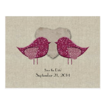 Magenta Lovebirds Linen Look Save the Date Postcards