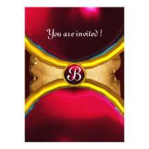 MAGIC RINGS ,MONOGRAM parchment gem red burgundy Invitations