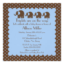 Mama & Triplet Baby Elephants Boy Baby Shower Custom Invites