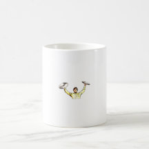 Man holding up cymbals yellow shirt mugs