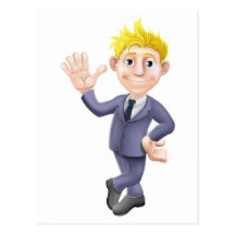 Man in suit waving cartoon post cards