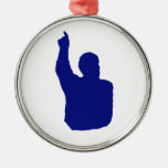 man pointing up shadow blue christmas tree ornament