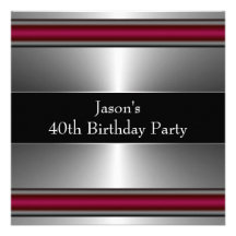 Mans Black Red Silver Classy 40th Birthday Party Personalized Invites