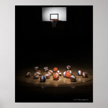 Many basketballs resting on the floor print