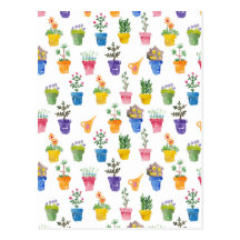 Many-coloured pots with flowers postcard