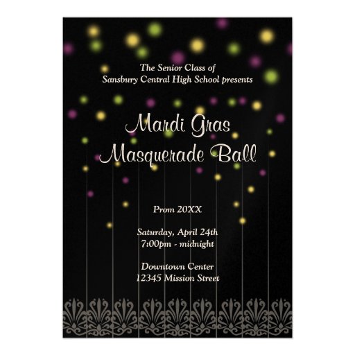 Mardi Gras masquerade confetti prom dance ball Personalised Invites