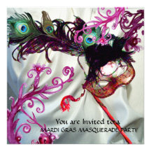 MARDI GRAS MASQUERADE PARTY, WHITE SILK CLOTH PERSONALIZED ANNOUNCEMENT