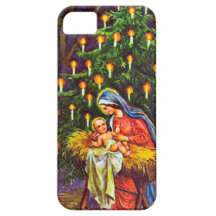 Mary, the baby Jesus, Christmas tree iPhone 5 Cases