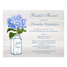 Mason Jar & Blue Hydrangea Grey Bridal Shower Custom Invitation
