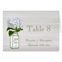 Mason Jar & White Hydrangea Wedding Table Number Card