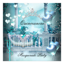 Masquerade Quinceanera 15 Teal Birthday Party Invitations