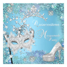 Masquerade Quinceanera 15th Party Blue Tiara Shoe Custom Announcement