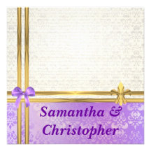 Mauve & cream damask with gold ribbon wedding announcements