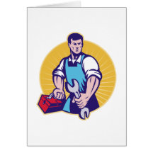 Mechanic tradesman worker holding spanner toolbox cards