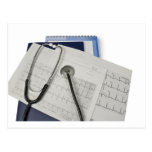 medical stethoscope on cardiogram EKG readings Postcards