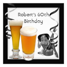 Mens 60th Birthday Party Retro Girl PINUP Beer Personalized Announcement