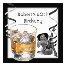 Mens 60th Birthday Party Retro Girl PINUP Scotch Personalised Invite