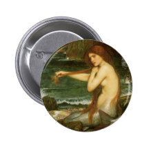 Mermaid by JW Waterhouse, Victorian Mythology Art Buttons