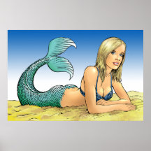 Mermaid lying on a sandy beach poster