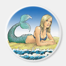 Mermaid on sandy beach by the sea refrigerator magnet