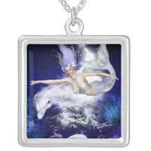 Mermaid with Dolphin  Sterling Silver Necklace