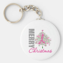 Merry Christmas Breast Cancer Pink Ribbon Wreath Keychains
