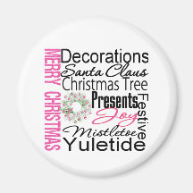Merry Christmas Collage Pink Wreath Fridge Magnets