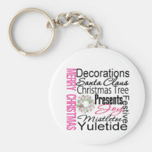 Merry Christmas Collage Pink Wreath Key Chains