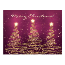 Merry Christmas Elegant Sparkling Trees Pink Postcard