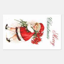 Merry Christmas Label - Little Girl & Poinsettias Rectangle Stickers
