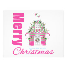 Merry Christmas Pink Decorated Christmas House Personalised Invitations