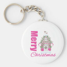 Merry Christmas Pink Decorated Christmas House Key Chain
