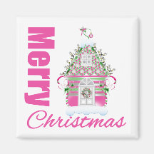 Merry Christmas Pink Decorated Christmas House Fridge Magnets