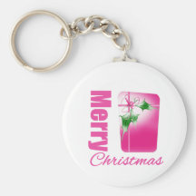 Merry Christmas Pink Whimsical Gift Box v3 Key Chain
